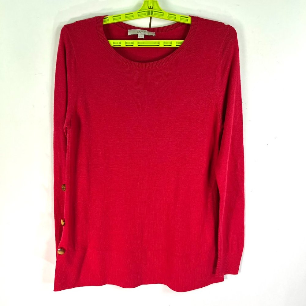 Loft Soft Knit Long Sleeve Sweater Women's Size M Red Side Buttons Accent